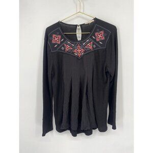 Alchemy Thread Womens Waffle Knit Black Tunic Top Boho Embroidered Sz XL